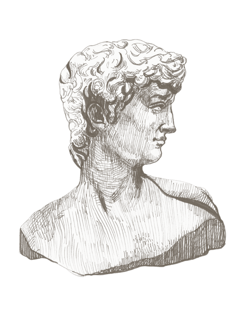 Busto romano ilustrado usado en la identidad visual de Villa Aemilius